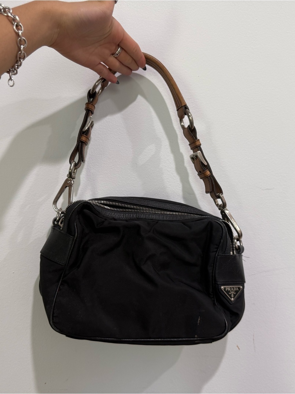 Prada Black Nylon Shoulder Bag with Brown Leather-Trim Strap